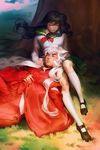  1girl amsbt animal_ears black_hair higurashi_kagome inuyasha inuyasha_(character) school_uniform sleeping tree white_hair 