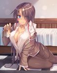  alcohol arm_support bed beer black_legwear blue_eyes blush breasts brown_hair cleavage collarbone drunk facial_mark holding kanpani_girls large_breasts long_hair looking_at_viewer lyle_warwick no_bra no_pants on_floor pantyhose parted_lips smile solo translation_request unbuttoned unbuttoned_shirt very_long_hair yukichin 