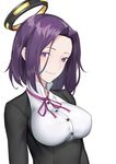  blush breasts highres kantai_collection large_breasts looking_at_viewer mechanical_halo mole mole_under_eye purple_eyes purple_hair short_hair simple_background smile solo tatsuta_(kantai_collection) white_background yagitome87 