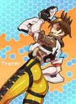  bodysuit brown_hair earrings goggles gun hand_on_hip handgun jewelry lol_(harikofu) looking_at_viewer looking_back orange_bodysuit overwatch pants pistol short_hair smile solo thighs tight tight_pants tracer_(overwatch) weapon 