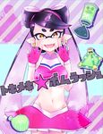  1girl alternate_costume aori_(splatoon) brown_eyes burst_bomb_(splatoon) cowboy_shot crop_top domino_mask earrings fangs fingerless_gloves gloves highres jewelry long_hair looking_at_viewer mask microskirt midriff mizunashi_yumetsuki mole mole_under_eye open_mouth pink_skirt pointy_ears skirt smile solo splat_bomb_(splatoon) splatoon_(series) splatoon_1 standing star suction_bomb_(splatoon) tentacle_hair translated 