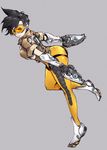  ass black_hair bodysuit breasts goggles large_breasts leg_lift looking_at_viewer orange_bodysuit overwatch pose relaxjon short_hair smile solo thighs tracer_(overwatch) 