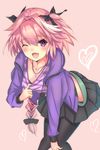  ;d astolfo_(fate) blush braid cardigan collarbone eyebrows eyebrows_visible_through_hair fang fate/apocrypha fate_(series) hair_ribbon heart jewelry leaning_forward long_hair looking_at_viewer male_focus maza_kisuke multicolored_hair necklace one_eye_closed open_mouth otoko_no_ko pantyhose pink_background pink_hair pleated_skirt purple_eyes ribbon shirt shirt_tug skirt smile solo striped striped_shirt white_hair 