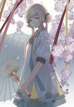  ao_hitomi backlighting blonde_hair blue_eyes cherry_blossoms chinese_clothes cowboy_shot double_bun dress head_tilt holding light_smile long_hair looking_at_viewer looking_to_the_side oriental_umbrella petals pixiv_fantasia pixiv_fantasia_new_world solo twintails umbrella 