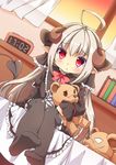  :t alarm_clock book clock demon_girl demon_horns demon_tail dress frilled_dress frills highres horns kt_cano long_hair original pantyhose pointy_ears red_eyes silver_hair solo stuffed_animal stuffed_toy tail teddy_bear very_long_hair 