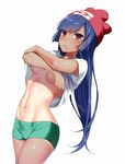  :o armpit_peek beanie blush breasts cosplay cowboy_shot crossed_arms green_shorts hat hizuki_akira long_hair looking_at_viewer medium_breasts midriff mizuki_(pokemon) mizuki_(pokemon)_(cosplay) natsume_(pokemon) navel parted_lips pokemon pokemon_(game) pokemon_sm purple_hair red_eyes red_hat shirt_lift shorts simple_background solo stomach tan tanline tsurime underboob undressing white_background 