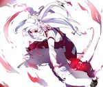  black_footwear bow fire flame fujiwara_no_mokou hair_bow highres ikurauni leaning_forward long_hair red_eyes shadow shoes simple_background solo suspenders touhou white_background white_hair 