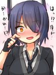  bad_id bad_pixiv_id blush commentary_request eyepatch finger_to_cheek gloves headgear highres kantai_collection looking_at_viewer necktie open_mouth partly_fingerless_gloves purple_hair sawatari_(sado) short_hair solo tenryuu_(kantai_collection) translated trembling yellow_eyes 
