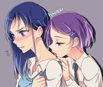  2girls blue_eyes blue_hair blush dokidoki!_precure grey_background hair_ornament hairclip hishikawa_rikka kenzaki_makoto licking long_hair multiple_girls neck_licking necktie negom precure purple_eyes purple_hair short_hair simple_background tongue tongue_out yuri 