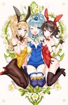  :q ;d animal_ears aqua_(konosuba) bandages banned_artist black_gloves black_hair black_legwear blonde_hair blue_eyes blue_hair blue_legwear blue_leotard boots bow bowtie breasts bunny_ears bunnysuit covered_navel darkness_(konosuba) detached_collar fake_animal_ears fang fingerless_gloves girl_sandwich gloves hair_ornament hair_over_breasts hairband hairclip high_heel_boots high_heels kissai kono_subarashii_sekai_ni_shukufuku_wo! large_breasts leotard lipstick long_hair makeup medium_breasts megumin multiple_girls one_eye_closed open_mouth pantyhose parted_lips ponytail red_eyes red_leotard sandwiched short_hair sidelocks single_thighhigh small_breasts smile thigh_boots thigh_gap thighhighs tongue tongue_out v white_legwear wrist_cuffs yellow_leotard 