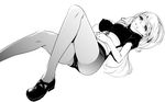  blush breasts earbuds earphones greyscale long_hair looking_at_viewer lying medium_breasts monochrome on_back original panties pantyhose parted_lips simple_background smile solo tomohiro_kai underwear white_background 