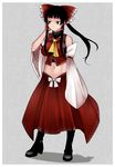  aoshima ascot bare_shoulders black_eyes black_hair boots bow breasts commentary detached_sleeves hair_bow hair_tubes hakurei_reimu highres large_breasts long_hair long_sleeves midriff navel ponytail shirt skirt skirt_set solo touhou turtleneck undershirt wide_sleeves 