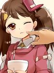  bangs bowl brown_eyes brown_hair cheek_poking eyebrows eyebrows_visible_through_hair food food_on_face hair_ornament hairclip hands holding holding_bowl kantai_collection looking_at_viewer magatama one_eye_closed out_of_frame parted_lips pointing poking primary_stage ribbon ribbon_trim rice ryuujou_(kantai_collection) simple_background solo_focus twintails twitter_username visor_cap white_ribbon 