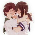  blush brown_hair closed_eyes crying fubuki_(kantai_collection) hand_on_another's_face hug kantai_collection kotarou_(rakugaki_shirushi) long_hair multiple_girls mutsuki_(kantai_collection) nose_blush open_mouth profile sailor_collar shirt short_hair short_sleeves simple_background tears upper_body wavy_mouth white_background wiping_tears 