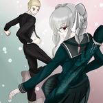  1girl blonde_hair couple danganronpa green_eyes grey_hair june183 kuzuryuu_fuyuhiko pekoyama_peko red_eyes self_upload super_danganronpa_2 sword weapon 