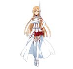  abec asuna_(sao) boots brown_eyes brown_hair detached_sleeves full_body hand_on_hip highres holding holding_sword holding_weapon long_hair long_legs looking_at_viewer official_art pleated_skirt red_skirt skirt solo sword sword_art_online sword_art_online:_code_register thigh_boots thighhighs weapon white_background white_legwear 