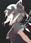  ascot black_background commentary crystal flandre_scarlet haruba_negi hat hat_ribbon jpeg_artifacts looking_at_viewer mob_cap open_mouth pointy_ears red_eyes ribbon shirt short_hair short_sleeves side_ponytail simple_background solo touhou upper_body vest wings 