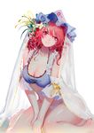  bikini breasts bridal_veil cleavage collarbone flower hair_flower hair_ornament hat head_tilt highres hoshimawa large_breasts looking_at_viewer mob_cap pink_eyes pink_hair saigyouji_yuyuko shiny shiny_skin simple_background sitting solo swimsuit touhou triangular_headpiece v_arms veil wariza white_background 