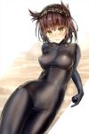 1girl bangs bed_sheet black_bodysuit blush bodysuit breasts brown_hair commentary_request covered_navel erect_nipples eyebrows_visible_through_hair hair_between_eyes hair_flaps hair_ribbon hatsuzuki_(kantai_collection) headband highres kantai_collection kotatsu_(kotatsu358) looking_at_viewer lying medium_breasts on_bed on_side open_mouth pillow ribbon short_hair smile solo underwear underwear_only yellow_eyes 