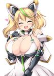  :d bare_shoulders black_gloves blonde_hair blush breasts cleavage closed_eyes elbow_gloves gene_(pso2) gloves heart highres huge_breasts kurokaze_no_sora long_hair open_mouth phantasy_star phantasy_star_online_2 round_teeth simple_background smile solo teeth twintails white_background 