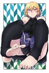  bare_shoulders barefoot black_legwear blonde_hair blush breasts feet green_eyes highres large_breasts miniskirt mizuhashi_parsee nicutoka pointy_ears shirt short_hair skirt sleeveless sleeveless_shirt soles solo stirrup_legwear thighhighs toeless_legwear toes touhou 