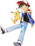  baseball_cap belt black_hair gen_1_pokemon hat mato_(mato-san_no_hon) official_art pikachu poke_ball pokemon pokemon_(anime) pokemon_(classic_anime) pokemon_(creature) satoshi_(pokemon) 
