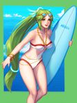  beach bellhenge bikini breasts cleavage eyewear_on_head green_hair highres kid_icarus kid_icarus_uprising large_breasts long_hair low-tied_long_hair palutena ponytail solo sunglasses surfboard swimsuit very_long_hair 