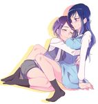  ^_^ blue_eyes blue_hair blush breasts closed_eyes dokidoki!_precure hishikawa_rikka hug kenzaki_makoto large_breasts long_hair multiple_girls negom precure purple_hair short_hair simple_background sitting smile socks white_background yuri 