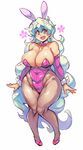  1girl :d animal_ears aqua_hair bare_shoulders breasts bunny_ears bunnysuit cleavage cloud_hair curvy detached_sleeves earrings highres huge_breasts jewelry long_hair looking_at_viewer nia_teppelin open_mouth pantyhose plump smile solo tengen_toppa_gurren_lagann thick_thighs thighs very_long_hair wide_hips zako_(arvinry) 