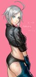  2016 ahoge angel_(kof) blue_eyes boots breasts character_name cowboy_shot cropped_jacket fingerless_gloves from_side gloves hair_over_one_eye highres jacket k.c large_breasts looking_at_viewer midriff navel panties pink_background short_hair silver_hair solo the_king_of_fighters thighhighs underwear white_hair 