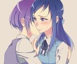  blue_eyes blue_hair blush brown_background dokidoki!_precure hishikawa_rikka kenzaki_makoto long_hair multiple_girls negom precure purple_hair short_hair simple_background yuri 