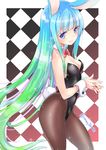  animal_ears artist_name bangs bare_shoulders black_legwear blue_eyes blue_hair blunt_bangs blush breasts bunny_ears bunny_girl bunnysuit checkered checkered_background cleavage closed_mouth cowboy_shot eyebrows eyebrows_visible_through_hair gradient_hair green_hair hands_clasped highres leotard lips long_hair multicolored_hair original own_hands_together pantyhose shibi small_breasts solo standing strapless strapless_leotard tareme very_long_hair wrist_cuffs 