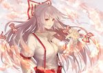  commentary_request downscaled fami_(yellow_skies) fire fujiwara_no_mokou grin hair_ribbon long_hair long_sleeves looking_at_viewer md5_mismatch puffy_sleeves red_eyes resized ribbon shirt smile solo touhou tress_ribbon upper_body 