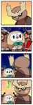  ^_^ artist_name beak bird black_eyes blush brown_eyes closed_eyes comic creature dragonith eighth_note emphasis_lines expressionless eye_contact gen_2_pokemon gen_7_pokemon highres hoothoot looking_at_another musical_note no_humans noctowl owl pokemon pokemon_(creature) rowlet standing talons turning_head upper_body watermark web_address 
