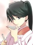  apron bangs blue_eyes eyebrows eyebrows_visible_through_hair hair_between_eyes holding houshou_(kantai_collection) japanese_clothes kantai_collection kappougi kimono long_hair looking_at_viewer parted_lips plate ponytail primary_stage smile solo spatula twitter_username upper_body 