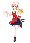  :q apron blonde_hair blue_eyes blue_skirt bottle brown_footwear butter food full_body hat jug looking_at_viewer mijinko_(rioriorio) morinaga_(brand) original pancake plate print_hat shirt shoes short_hair skirt smile solo standing standing_on_one_leg syrup thighhighs tongue tongue_out whisk white_background white_hat white_legwear white_shirt 
