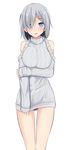  :d alternate_costume bare_legs bare_shoulders black_panties blue_eyes blush breasts hair_ornament hair_over_one_eye hairclip hamakaze_(kantai_collection) hand_on_own_arm holding_arm kantai_collection large_breasts long_sleeves looking_at_viewer no_pants open_mouth panties pantyshot pantyshot_(standing) ribbed_sweater short_hair shoulder_cutout silver_hair simple_background smile solo standing striped sweater takeyuu turtleneck underwear vertical_stripes white_background 