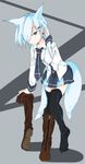  animal_ears blue_eyes blue_hair boot_removed boots breasts brown_footwear commentary_request cross-laced_footwear fox_ears fox_tail hair_ornament hair_over_one_eye knee_boots korigitsune lace-up_boots looking_at_viewer medium_breasts miniskirt multiple_tails necktie original short_hair single_boot skirt solo tail thighhighs 