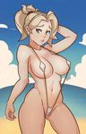  beach bikini blonde_hair blue_eyes breasts cameltoe covered_nipples highres large_breasts long_hair looking_at_viewer mercy_(overwatch) navel ocean overwatch ponytail slingshot_swimsuit solo splashbrush stomach swimsuit 