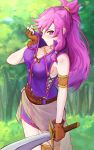  1girl armlet artist_name bare_shoulders breasts brown_gloves cleavage closed_mouth dress fingerless_gloves fire_emblem fire_emblem:_seima_no_kouseki gloves highres holding holding_sword holding_weapon ippers long_hair marica_(fire_emblem) medium_breasts nintendo ponytail purple_eyes purple_hair short_dress sleeveless solo sword tree weapon 