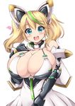  :d bare_shoulders black_gloves blonde_hair blue_eyes blush breasts cleavage elbow_gloves gene_(pso2) gloves heart highres huge_breasts kurokaze_no_sora long_hair looking_at_viewer open_mouth phantasy_star phantasy_star_online_2 round_teeth simple_background smile solo teeth twintails white_background 