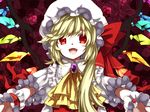 ascot bad_id bad_pixiv_id blonde_hair commentary_request crystal fang flandre_scarlet hat hat_ribbon highres looking_at_viewer mob_cap open_mouth outstretched_arms puffy_sleeves red_eyes ribbon shirt short_sleeves side_ponytail slit_pupils smile solo touhou upper_body vest wings wrist_cuffs yuka_yukiusa 