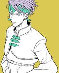  adam's_apple crop_top diamond_wa_kudakenai earrings grey_eyes grey_hair headband jewelry jojo_no_kimyou_na_bouken kishibe_rohan limited_palette male_focus midriff serious solo u_(lastcrime) upper_body 