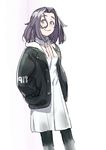  black_legwear casual dress hair_between_eyes hands_in_pockets jacket kantai_collection kirusu pantyhose purple_eyes purple_hair short_hair sketch smile solo tatsuta_(kantai_collection) white_dress 