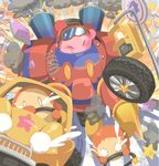  car closed_eyes driving flying_teardrops goggles goggles_on_headwear ground_vehicle kirby kirby:_planet_robobot kirby_(series) mecha motor_vehicle road_sign robobot_armor sign spring_(object) star ticktack_chicken tire traffic_light waddle_dee 