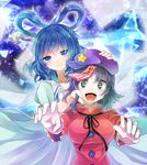  blue_dress blue_eyes blue_hair breasts dress fukurahagi_uomaru green_eyes hair_ornament hair_rings hair_stick holding_head jiangshi kaku_seiga large_breasts miyako_yoshika multiple_girls ofuda open_mouth outstretched_arms short_sleeves star touhou zombie_pose 