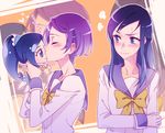  blue_eyes blue_hair blue_sailor_collar blush character_doll closed_eyes cure_diamond dokidoki!_precure hair_ornament hairclip hishikawa_rikka kenzaki_makoto kiss long_hair multiple_girls negom object_kiss oogai_daiichi_middle_school_uniform precure purple_hair sailor_collar school_uniform short_hair 