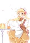  absurdres apron blonde_hair brown_eyes brown_shirt butter cowboy_shot dress eating food food_themed_hair_ornament fork hair_ornament hairband highres japanese_clothes kimono long_hair looking_at_viewer morinaga_(brand) orange_dress original pancake personification petals polka_dot print_kimono satsuki_yukimi shirt solo stack_of_pancakes strawberry_hair_ornament syrup table whipped_cream white_background 