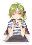  blanket blush brown_eyes drinking green_hair hair_ornament hair_scrunchie holding long_hair looking_at_viewer momoko_(momopoco) scrunchie shirt side_ponytail solo striped striped_shirt wacom white_background 