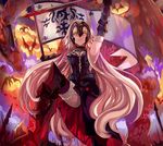  armor banner blonde_hair blood bloody_weapon breasts dragon fate/grand_order fate_(series) gauntlets headpiece highres jeanne_d'arc_(alter)_(fate) jeanne_d'arc_(fate)_(all) long_hair looking_at_viewer medium_breasts pelvic_curtain smirk solo sword thighhighs very_long_hair weapon western_dragon yellow_eyes yuu_(pixiv769259) 
